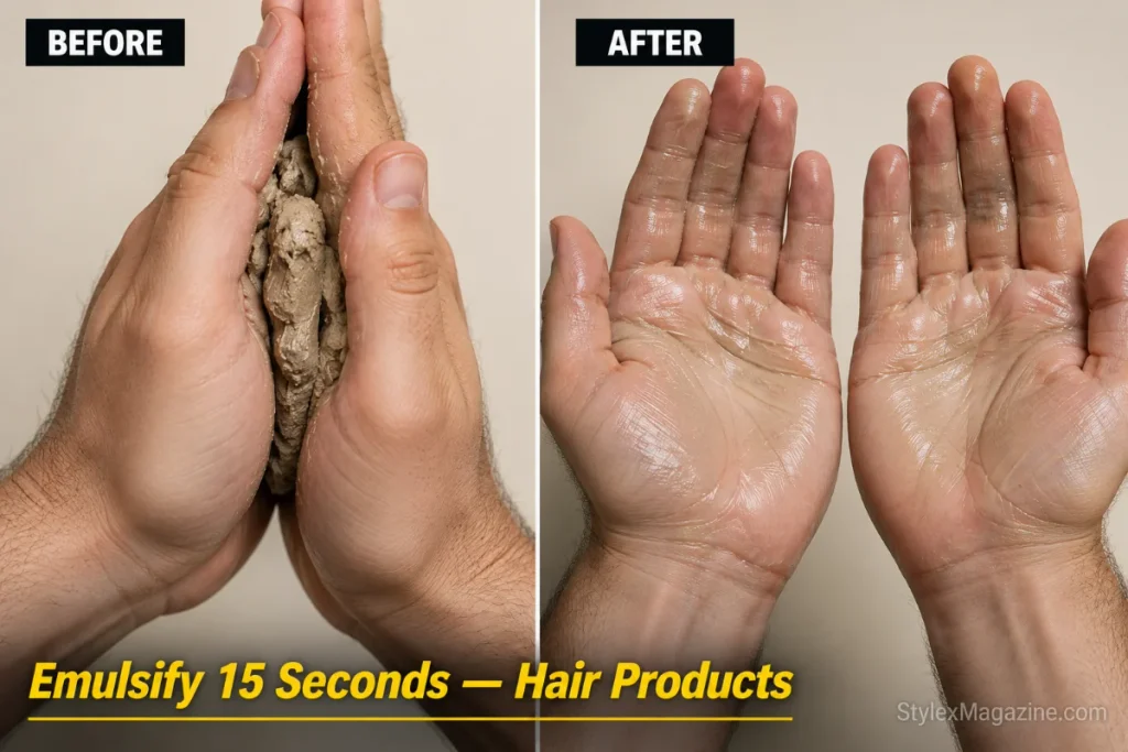 Two-panel image showing hair clay before emulsification (thick opaque chunks) and after (thin translucent film on palms)