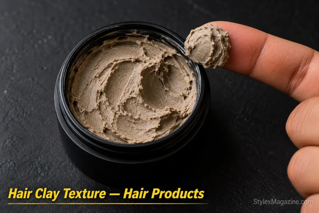 Close-up of an open hair clay jar with a finger scooping a pea-sized amount showing the dense matte texture