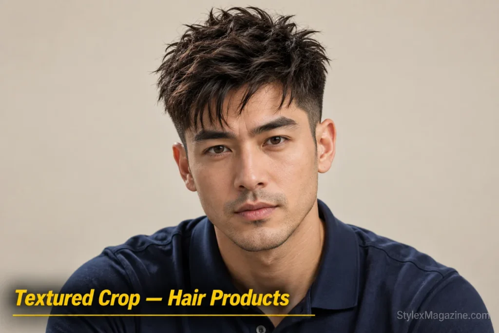 Man with hair styled into a textured crop using hair clay, showing matte broken pieces and strand separation
