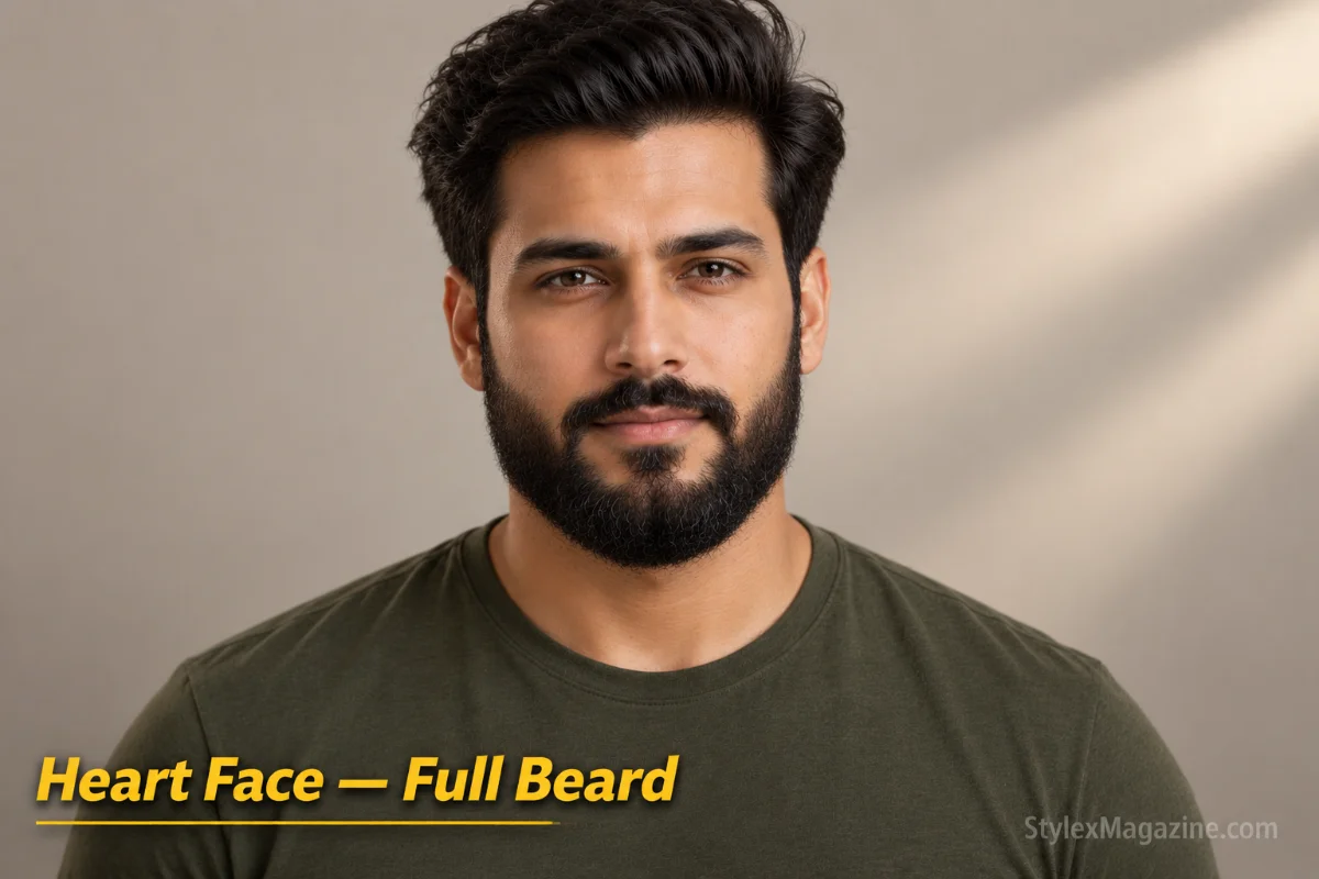 Man with a heart face shape wearing a full beard that adds jaw volume to balance the wide forehead