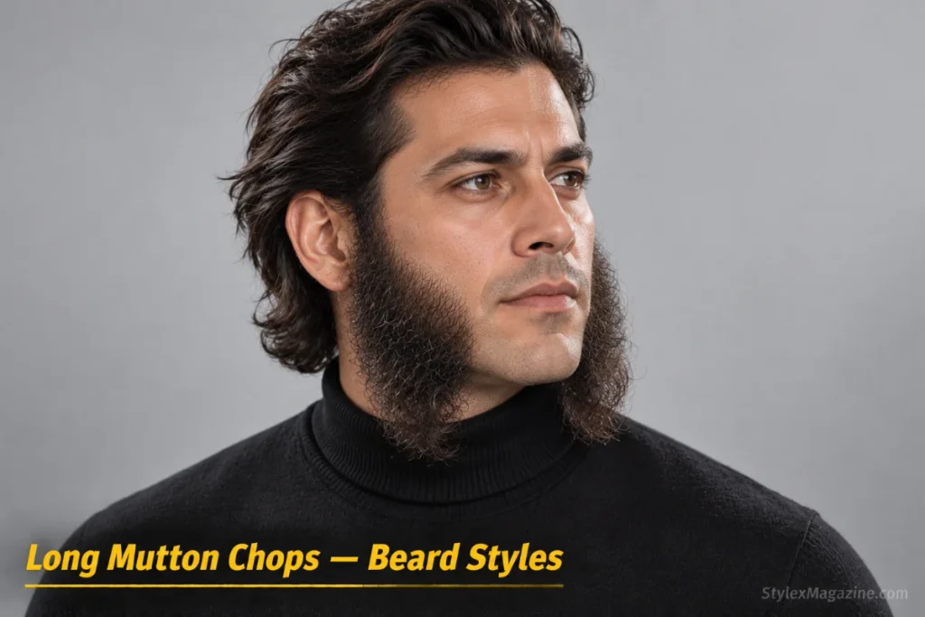 Man with long mutton chops: sideburns grown 3-4 inches below the jawline for a Victorian dramatic effect