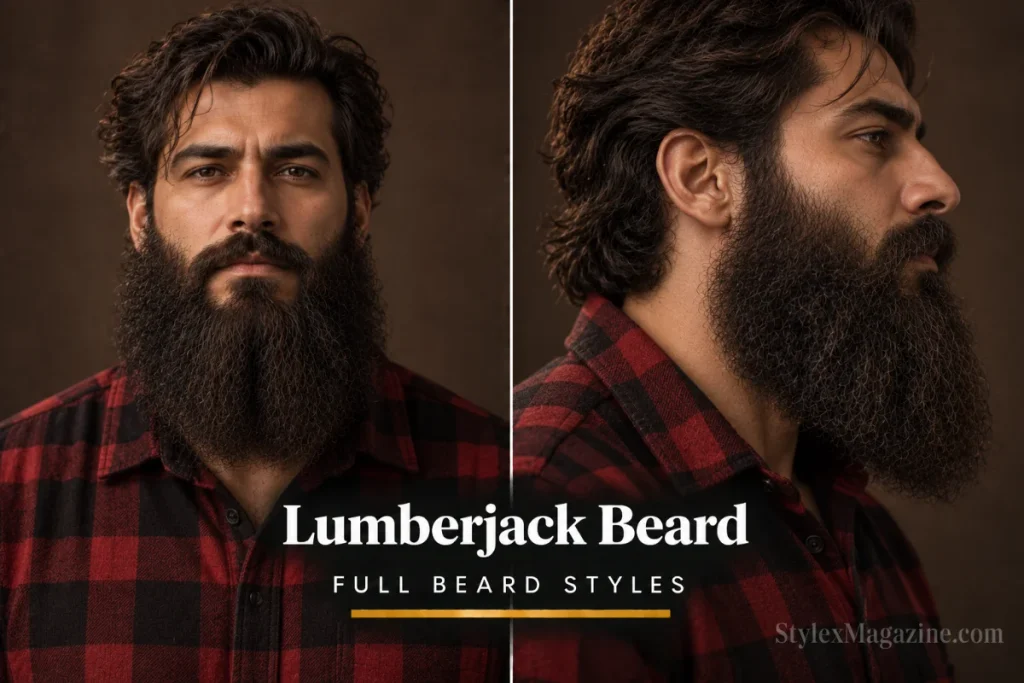 Lumberjack beard long and bushy with full sides and minimal shaping and a rugged finish, front and side profile view