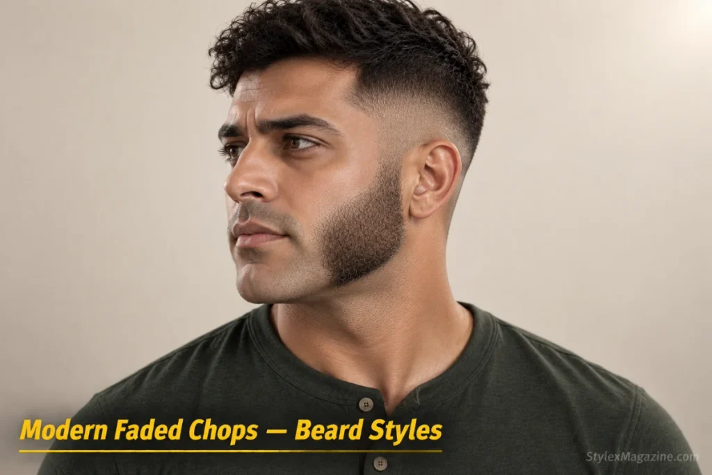 Man with modern faded mutton chops: gradient density blending from thick sideburn into a skin fade haircut