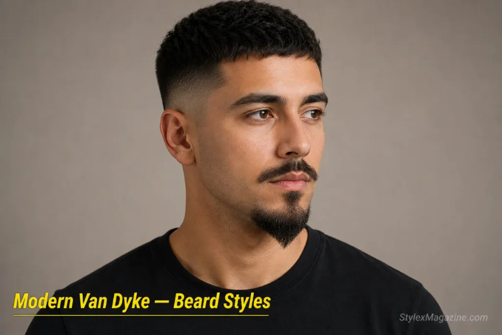 Man with a modern Van Dyke showing faded edges where the goatee meets the skin, blended transitions