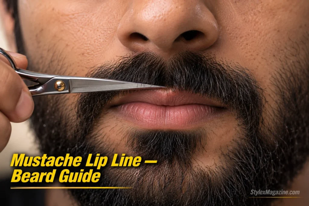 Extreme close-up of scissors trimming mustache hairs at the lip line, cutting from center outward