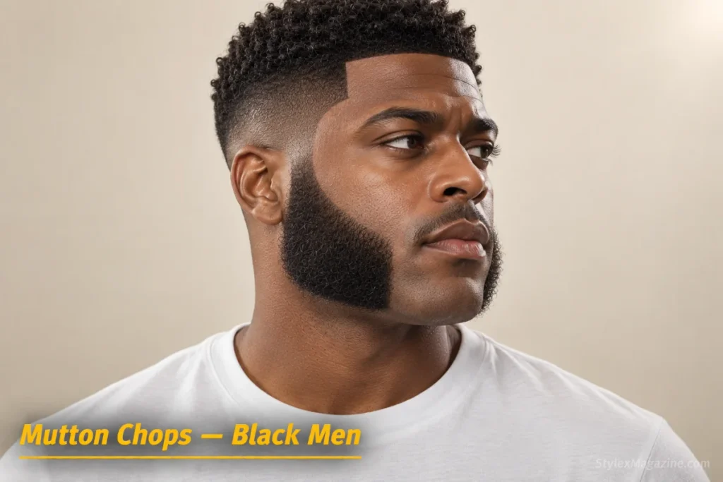Black man with mutton chops: sharp edges against coily texture with a crisp line-up at the hairline