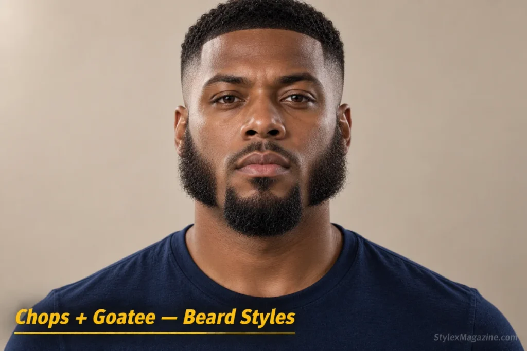 Man with mutton chops and a goatee: two separate sideburn sections plus chin beard creating a three-point design