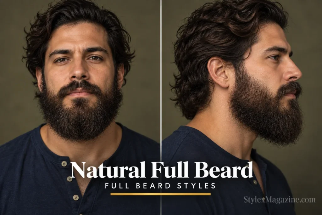 Natural full beard with minimal shaping and organic cheek line on a man with wavy beard texture, front and side profile view