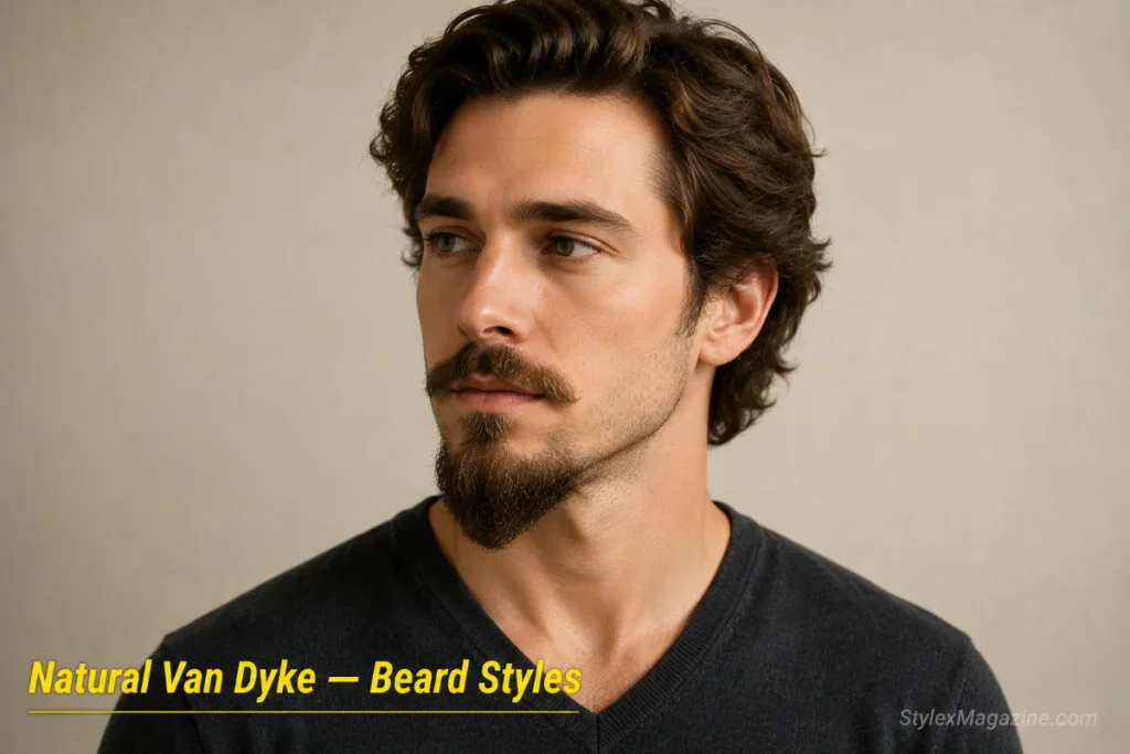Man with a natural Van Dyke showing slightly textured edges and natural growth pattern with clean cheeks