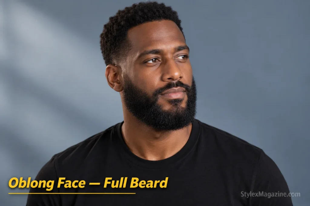 Man with an oblong face shape wearing a full beard with prominent side coverage adding horizontal width