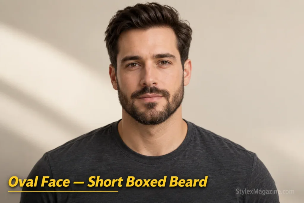 Man with an oval face shape showing balanced proportions wearing a short boxed beard
