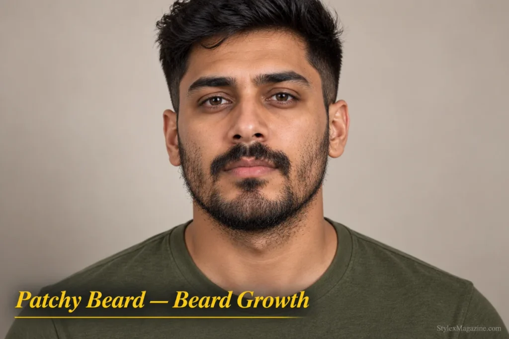 Man with a patchy beard showing visible density gaps on the cheeks with fuller coverage on the chin