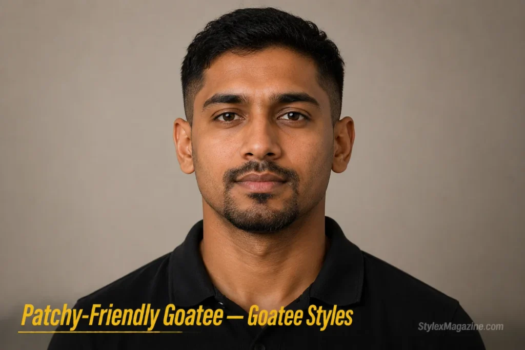 Man with a patchy-friendly goatee at stubble length, using the densest chin growth with soft edges