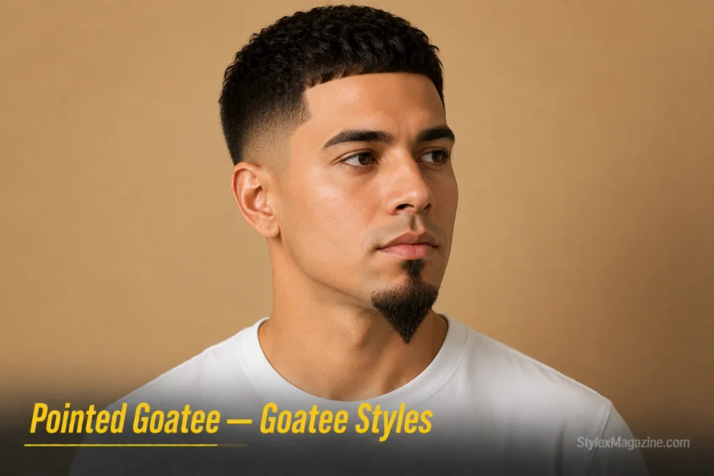 Man with a pointed goatee, chin beard sculpted to a sharp triangular point