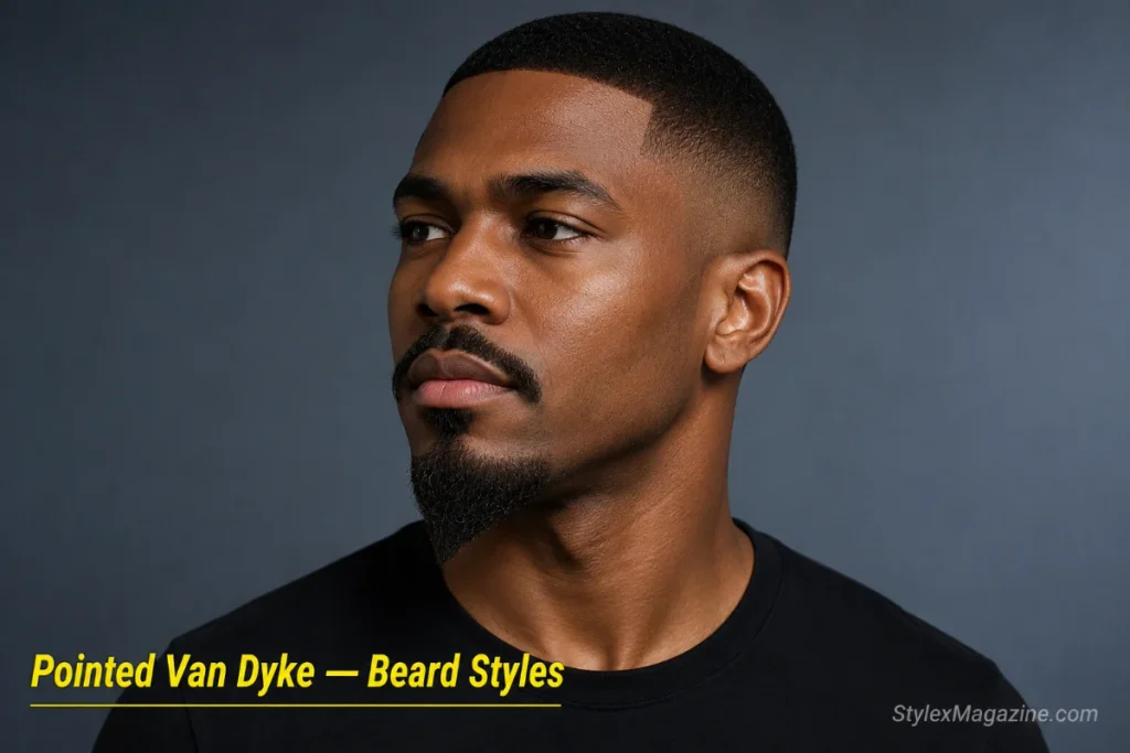 Man with a pointed Van Dyke beard showing a sharp triangular chin piece tapering to a fine point