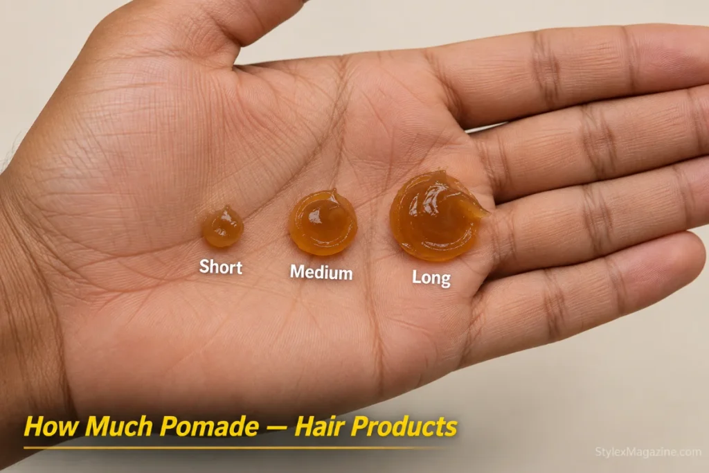 Open palm showing three pomade amounts side by side: pea-sized for short hair, dime-sized for medium, nickel-sized for long