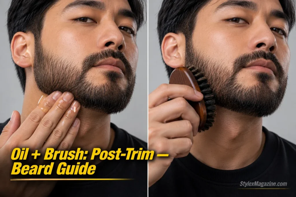  Two-panel image showing beard oil being applied to skin underneath the beard, then brushed through with a boar bristle brush 