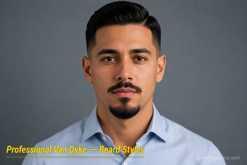 Man with a professional Van Dyke at uniform medium length showing clean, understated edges in a formal setting