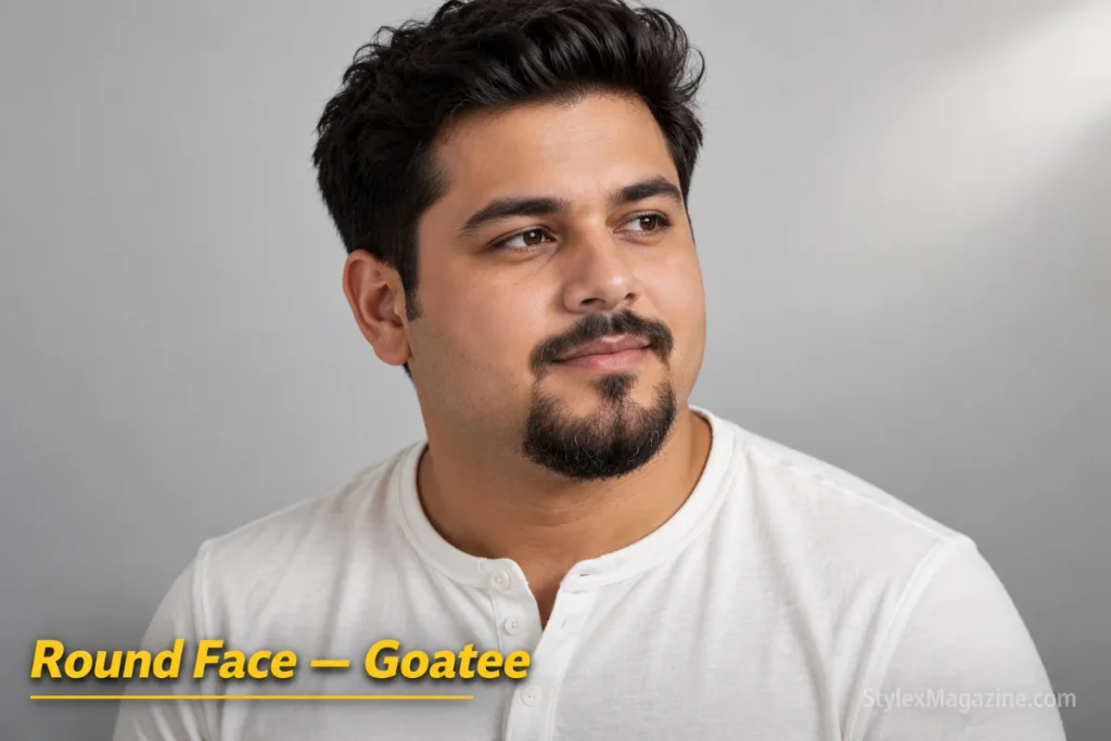 Man with a round face shape wearing a goatee that creates vertical emphasis at the chin