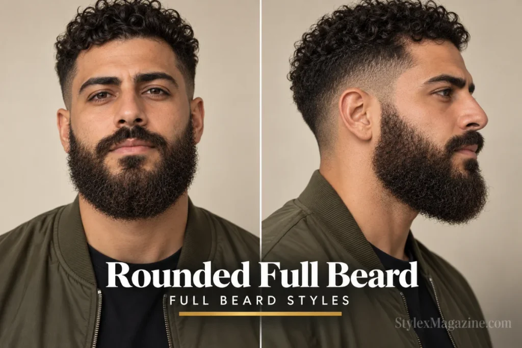 Rounded full beard with soft curved bottom and coily texture on a man, front and side profile view