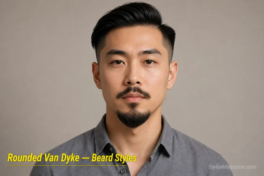 Man with a rounded Van Dyke beard showing a U-shaped chin piece with curved edges and a soft mustache