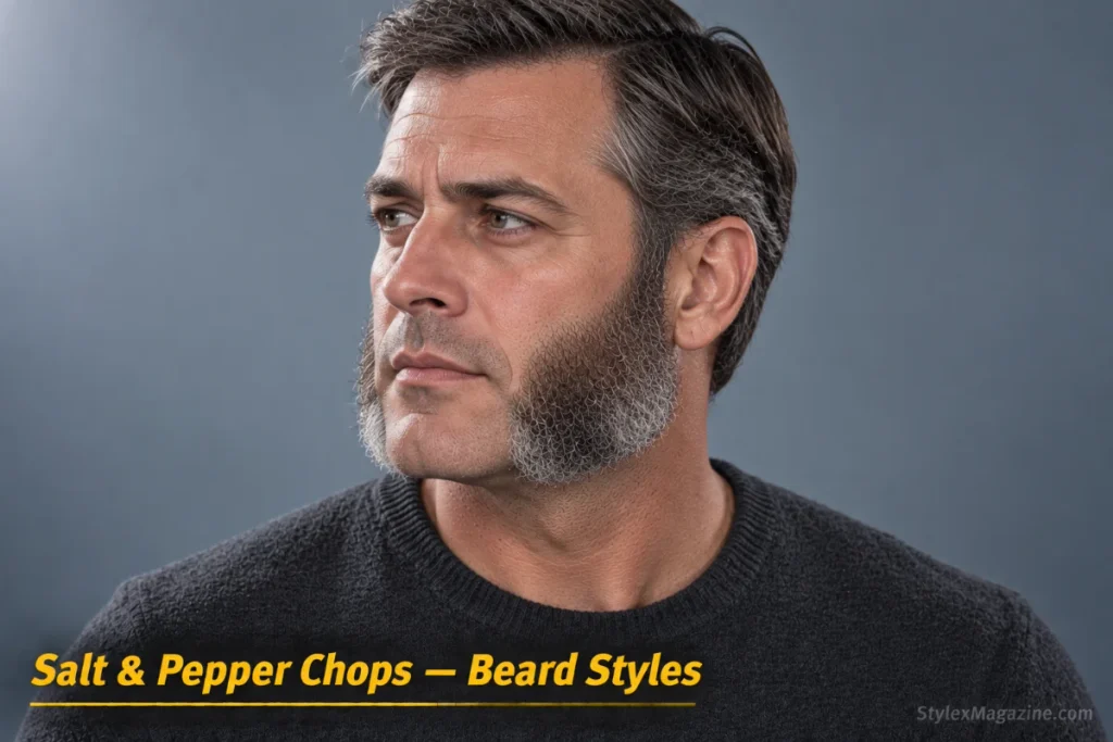 Older man with salt and pepper mutton chops: mixed grey and dark hair adding natural texture and depth