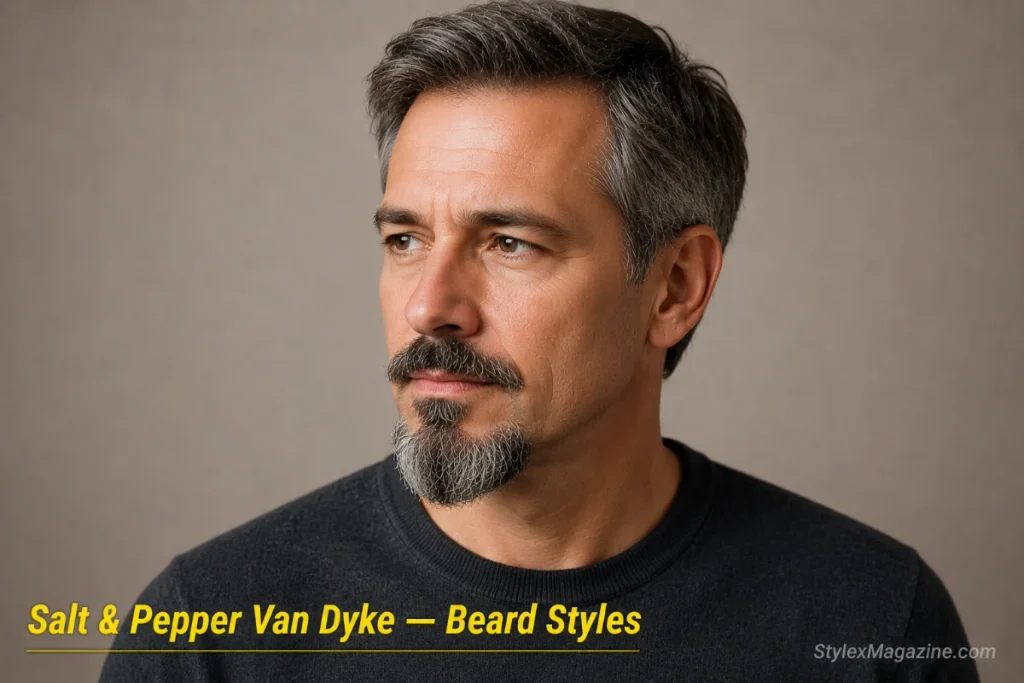 Older man with a salt and pepper Van Dyke showing mixed grey and dark hair adding visual depth and texture