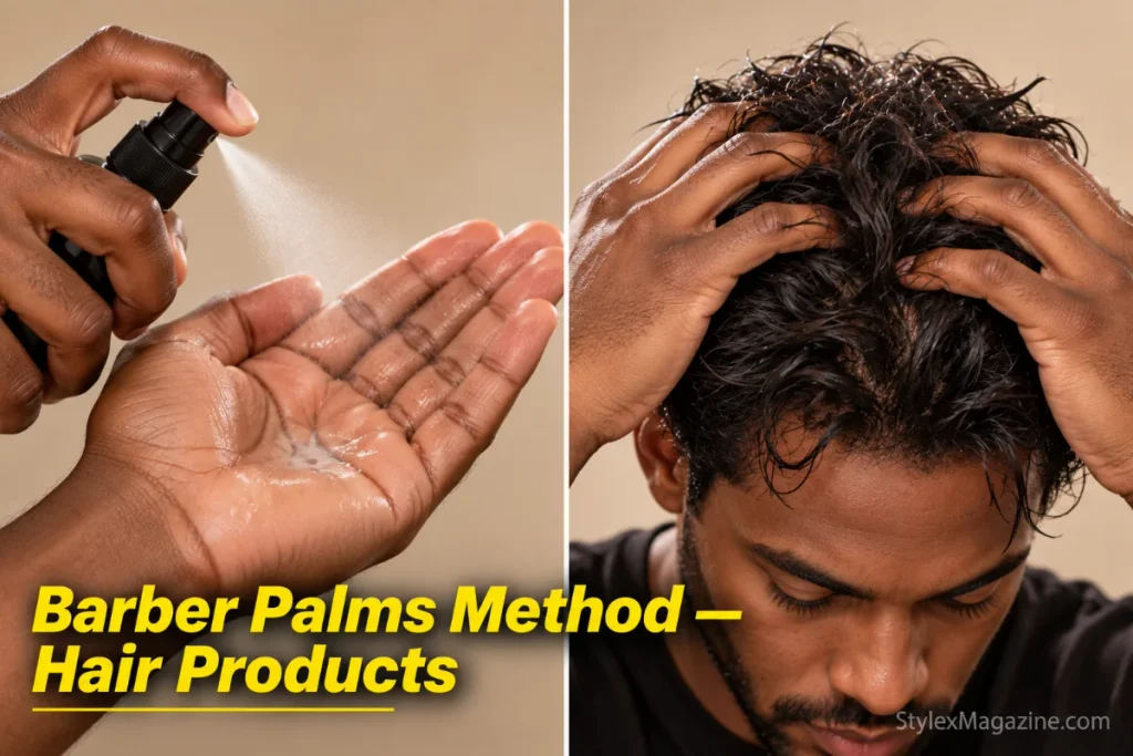 Two-panel image showing sea salt spray sprayed into open palm, then hands working the product through hair