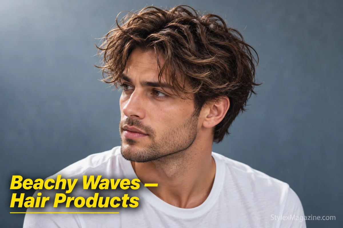 Man with medium-length hair styled into relaxed beachy waves using sea salt spray, matte finish with natural texture