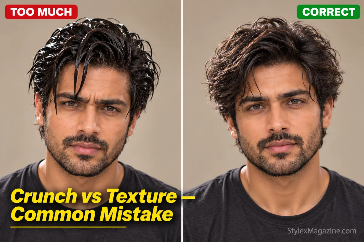  Split comparison showing over-applied crunchy sea salt spray hair versus correctly applied natural texture