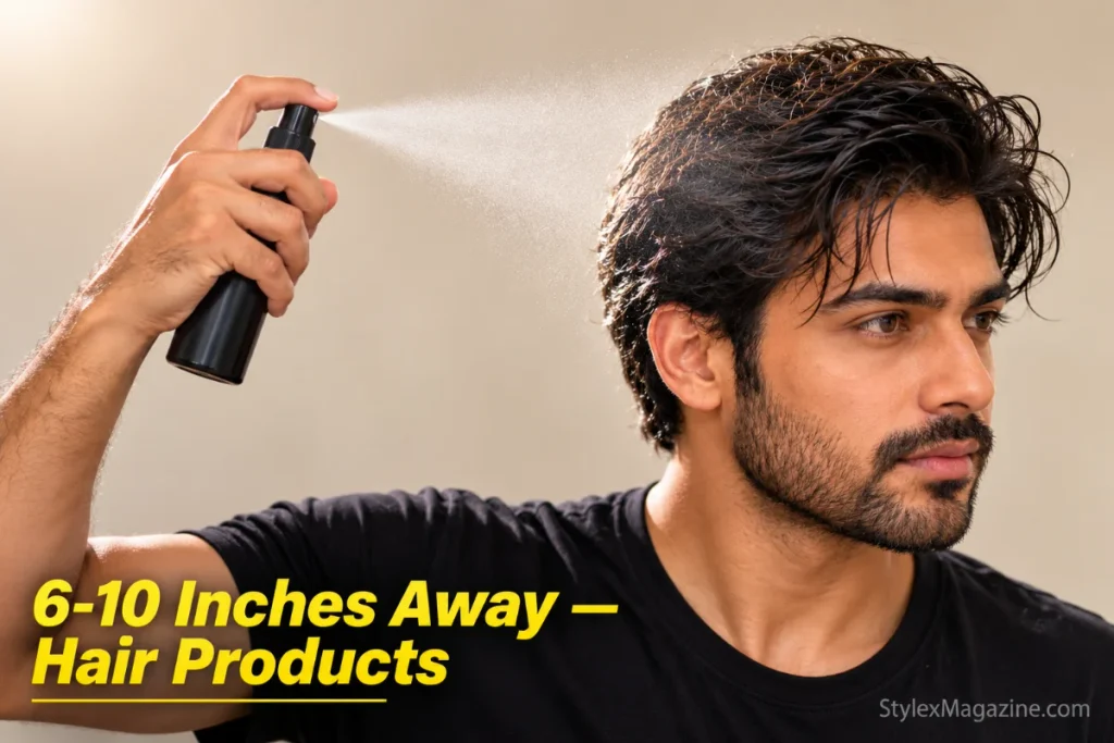  Man holding sea salt spray bottle 8 inches from his head with visible mist dispersing toward the hair