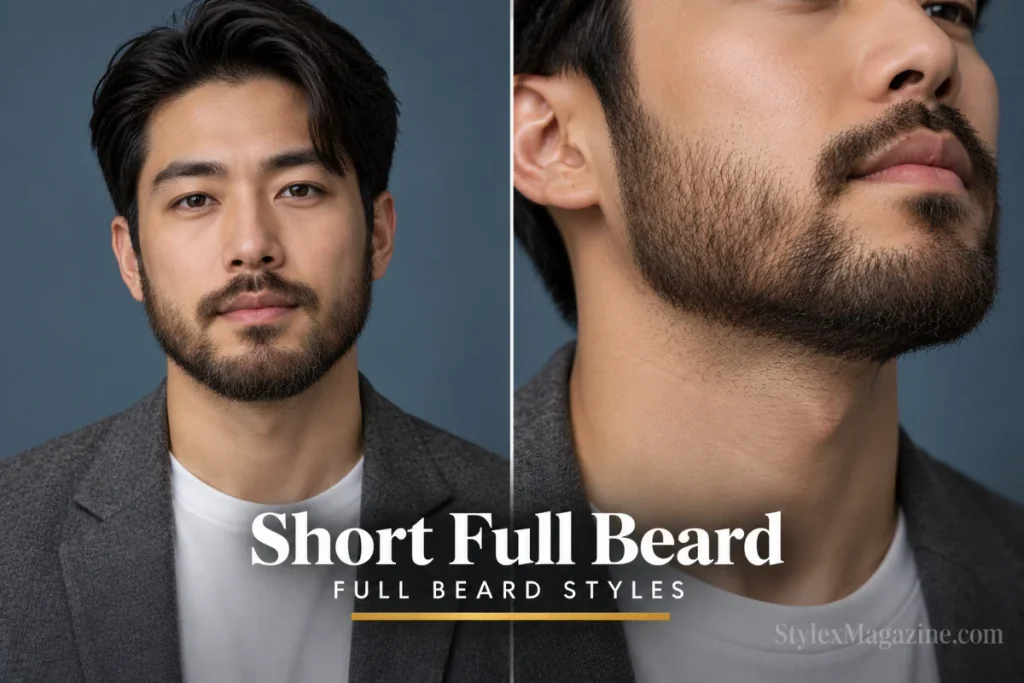Short full beard at 20mm length with even coverage and natural cheek line, front view and close-up chin detail