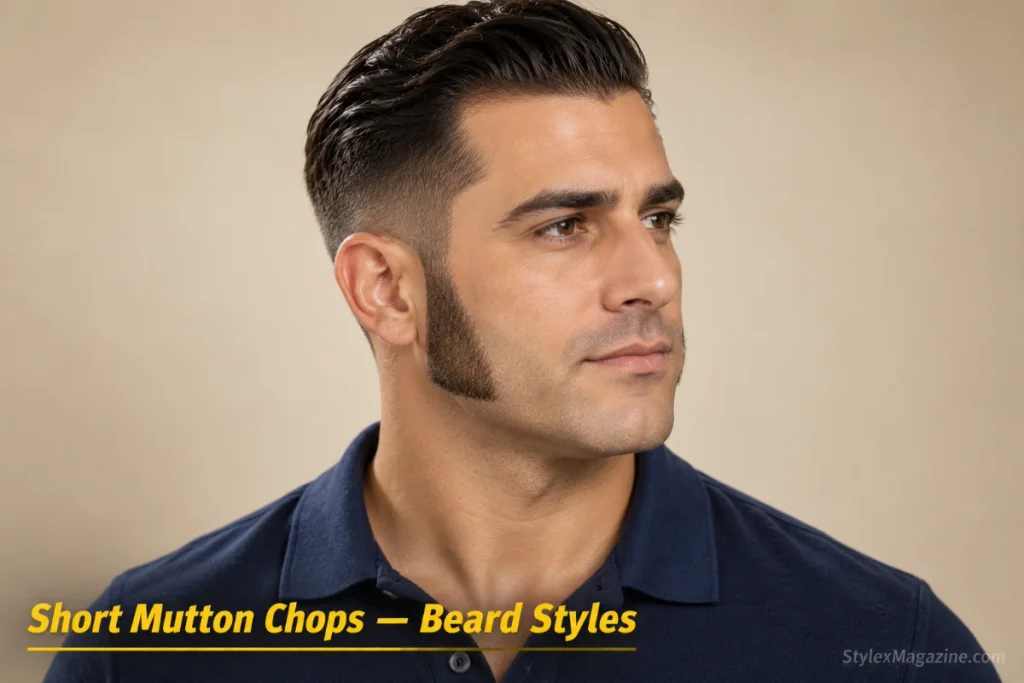 Man with short mutton chops: classic shape trimmed to approximately 1 inch length for a conservative, neat look