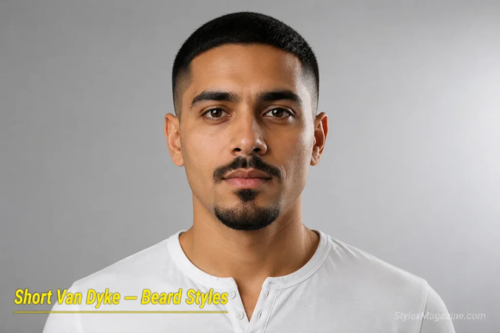 Man with a short Van Dyke beard at stubble to short length showing the Van Dyke shape at minimal length