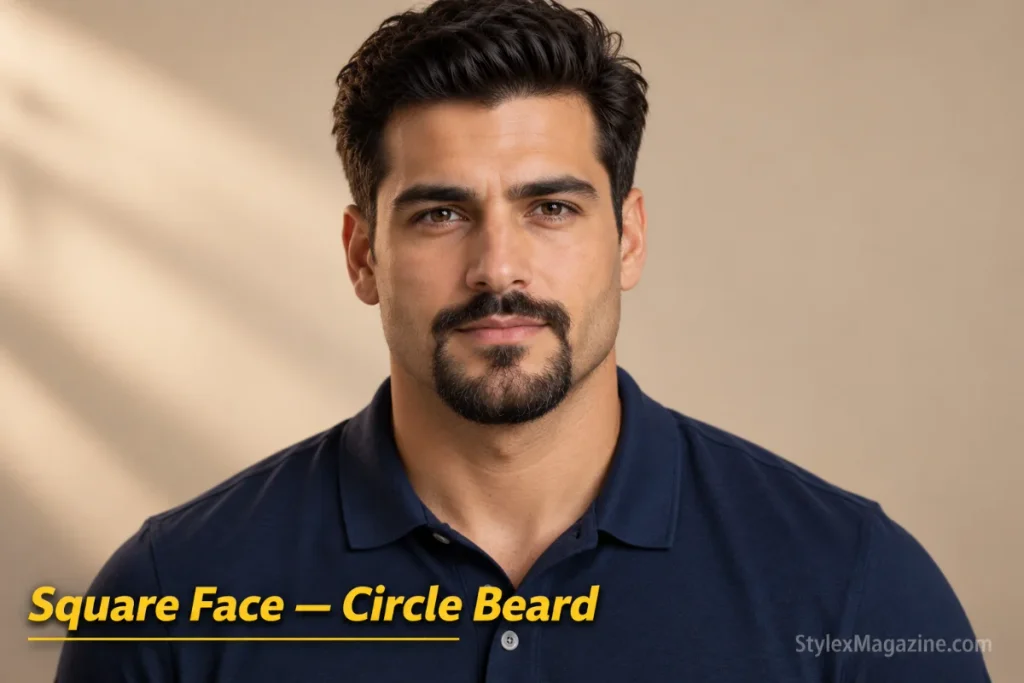 Man with a square face shape wearing a circle beard that softens the angular jawline