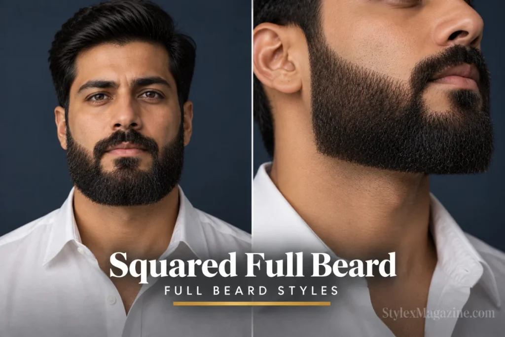 Squared full beard with flat bottom line and straight cheek lines creating a blocky structured silhouette, front view and close-up jawline