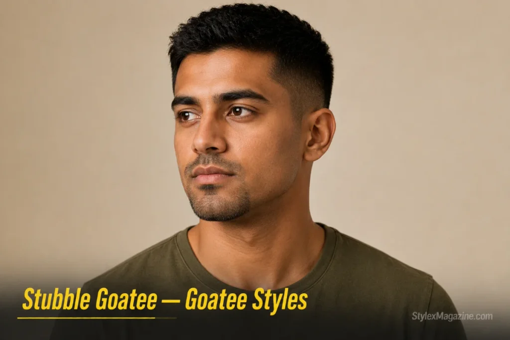 Man with a stubble goatee, goatee shape at heavy stubble length with soft diffused edges