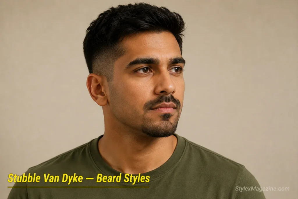Man with a stubble Van Dyke showing the Van Dyke shape at heavy stubble length with soft edges