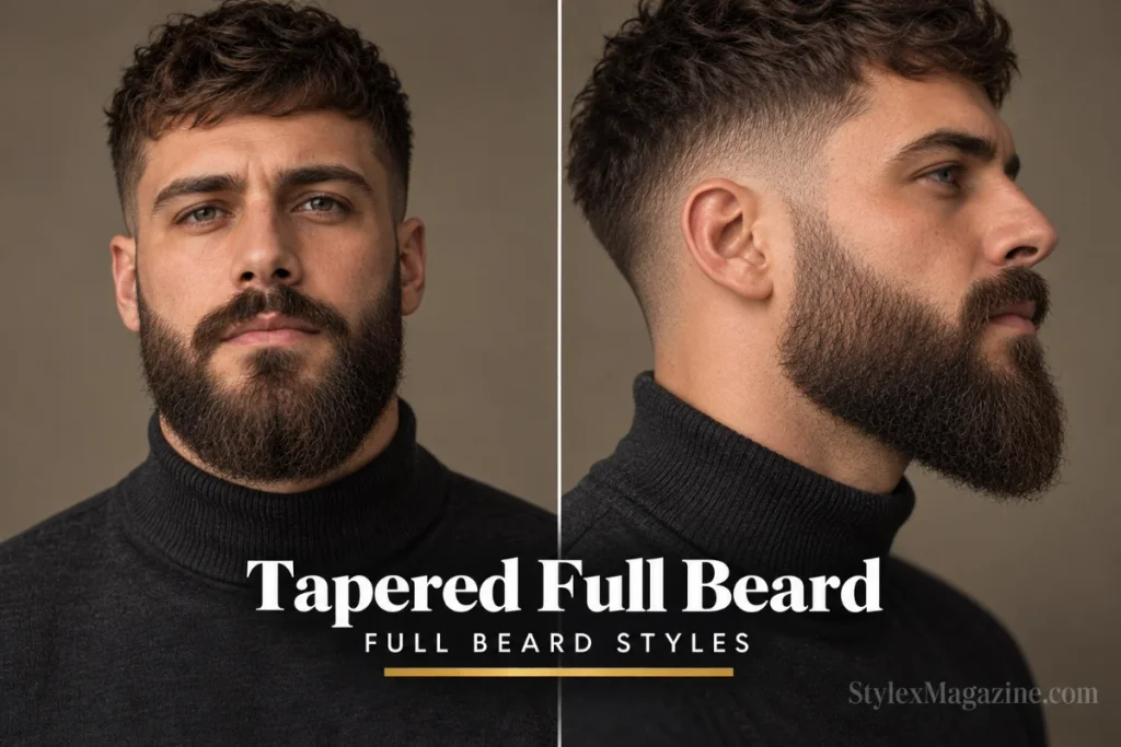 Tapered full beard shorter at sideburns and longer at chin with a smooth gradient blend, front and side profile view