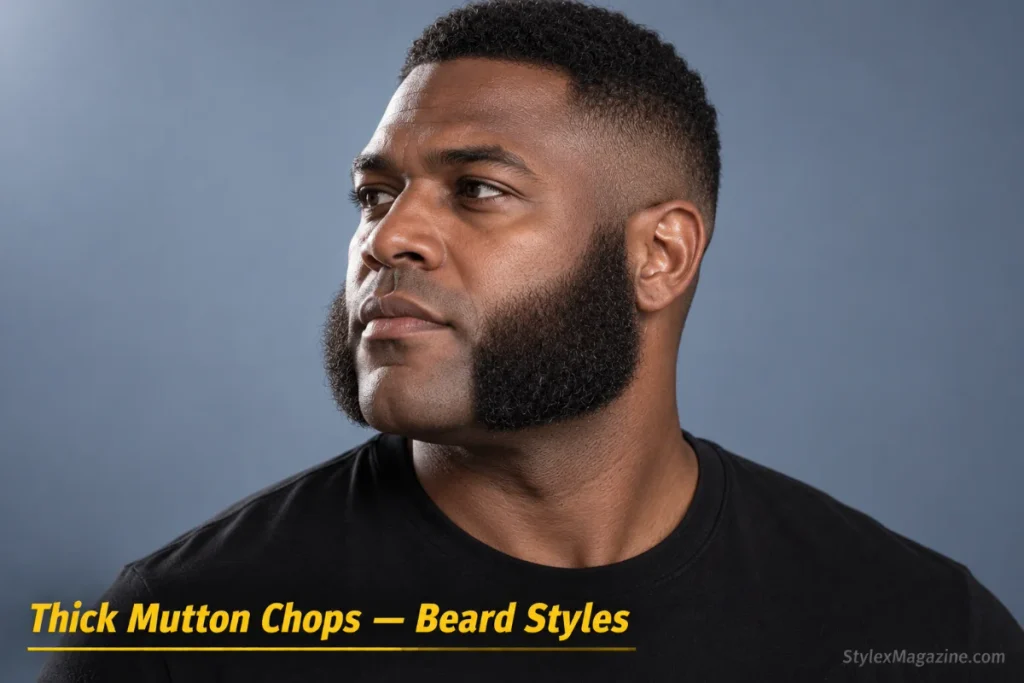 Man with thick mutton chops: maximum density sideburns 3-4 inches wide with full coverage