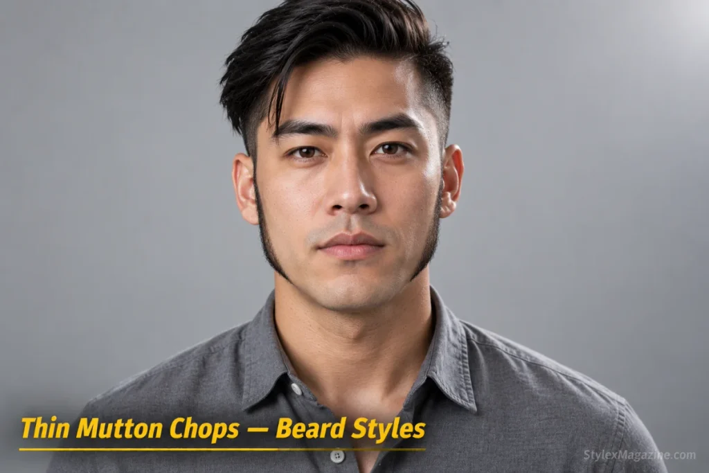 Man with thin mutton chops: narrow sideburns approximately 1 inch wide following the jawline with precise edges