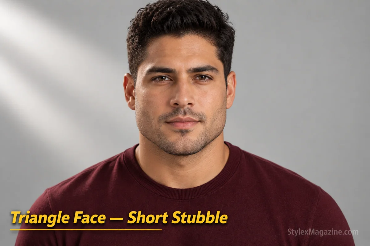 Man with a triangle face shape wearing short stubble that does not add width to the already prominent jaw