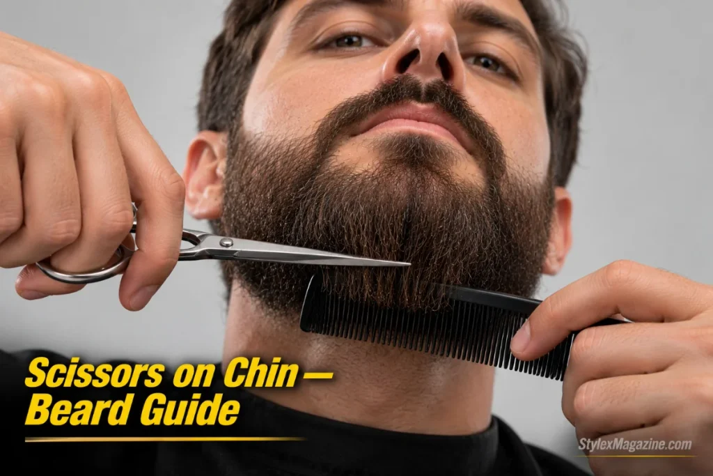  Man using scissors to trim the bottom of a medium-length beard with a comb guiding the cut 