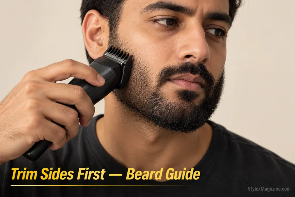 Man trimming the side of his short beard with a guard trimmer moving downward with the grain