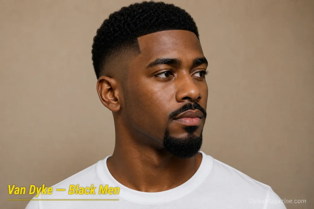 Black man with a Van Dyke beard showing sharp edges against coily texture with a line-up connecting hairline to sideburns
