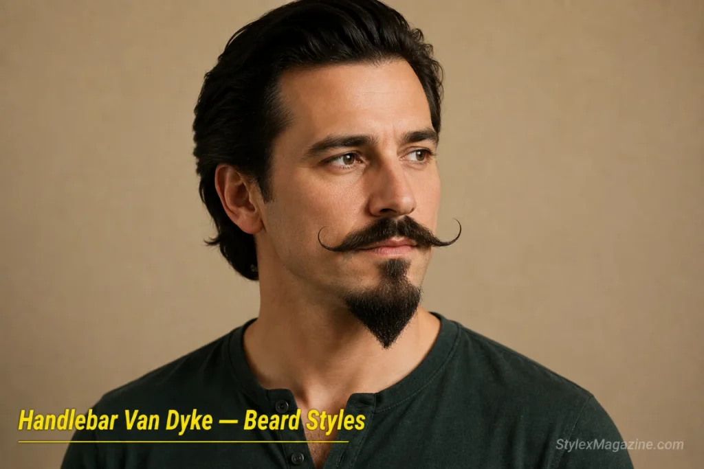 Man with a Van Dyke beard featuring a curled handlebar mustache paired with a pointed chin piece