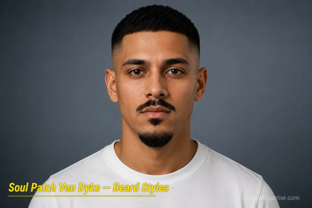 Man with a Van Dyke beard featuring a small soul patch between the mustache and chin piece, creating three separate elements