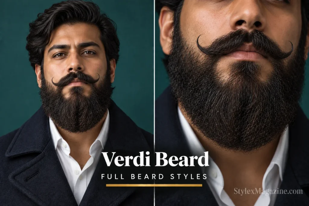 Verdi beard with rounded full beard and styled prominent mustache curling upward at the ends, front view and close-up mustache detail