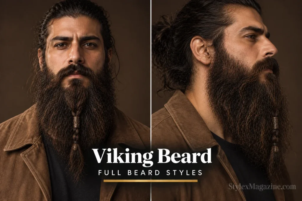Viking beard long and rugged with textured finish and braided detail, front and side profile view
