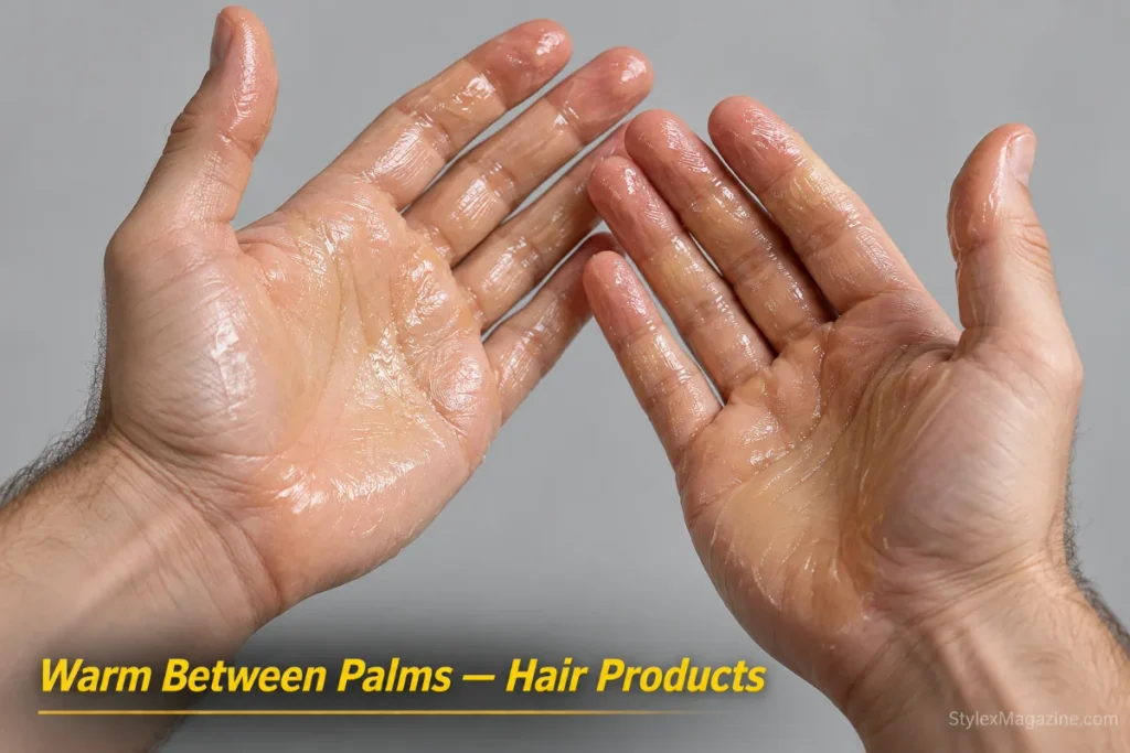 Two hands rubbing pomade between palms showing the product warmed to a thin translucent layer